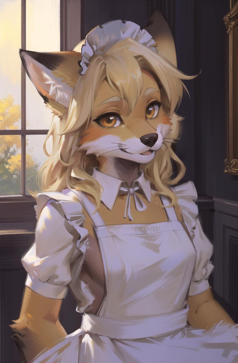 00028-1260266562-absurdres, highres, ultra detailed, masterpiece, sharp shading,portrait, _fox furry girl,kid,maid dress,(white apron_1.2),oil pa.png